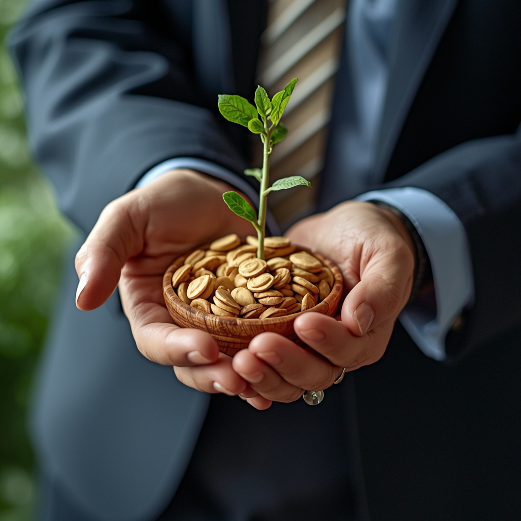 Professional holding a small plant growing from seeds, representing the growth of intentional relationship stewardship